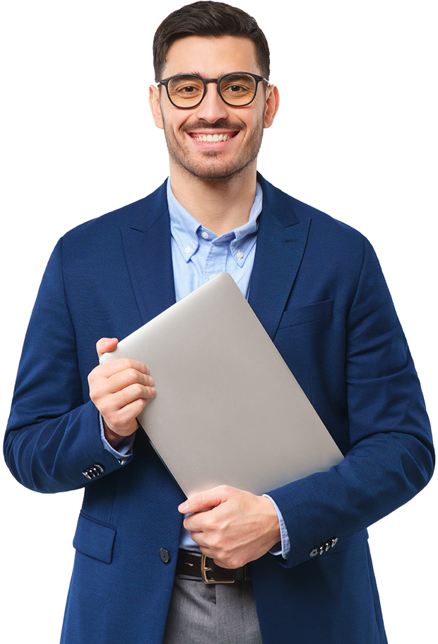 Adult male educator holding a laptop computer