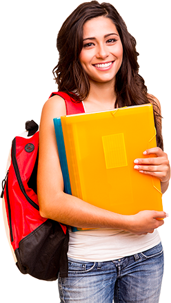 Young female college student carrying backpack and learning materials