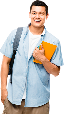 Young male college student carrying backpack and notebook