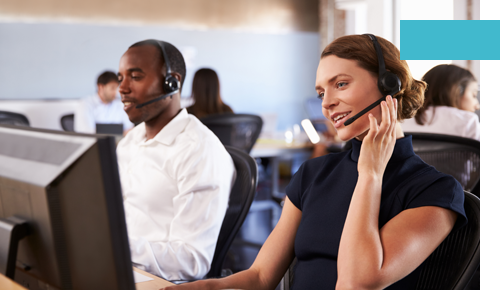 Two customer support representatives talking with clients
